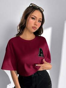 SHEIN EZwear 勃艮第针织女式短款夏季 T 恤 - 酒紅色 - 查看 6
