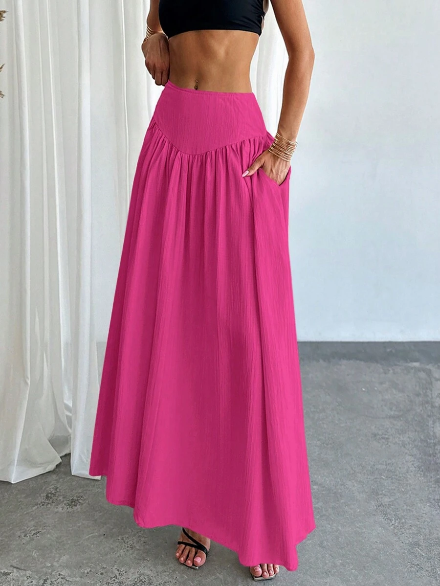 Firerie Women's Elegant A-Line Skirt With Waist Ruching & Real Pockets - Hot Pink - View 1