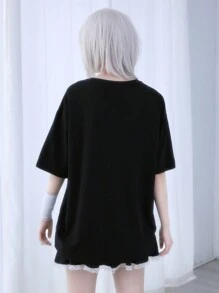 ROMWE Anime Camiseta extragrande de mujer con estampado de calavera mutante y letras, estilo callejero y punk