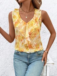 SHEIN Clasi V-Neck Sleeveless Shirt For Women With Ruffle Trim, Casual Daily Wear,Summer Outfits For Women