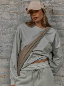 MUSERA Boxy Fit Crew Neck Drop Shoulder Ribbed Cuff Hip Length Sweatshirt Casual Summer Spring - Grey - View 5