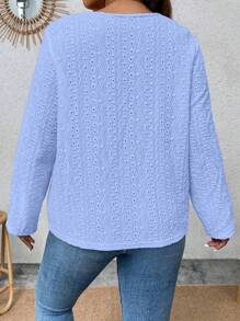 Calvaya Hơn Nút Nửa Lỗ gắn thêu Áo thun - Màu xanh lam - Xem 2