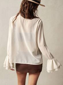 Bohemela BOHO Tropical Vacation Boho Woman Clothes Long Sleeve Loose Fit Solid Color Ruffle Trim Ladies Blouse - White - View 8