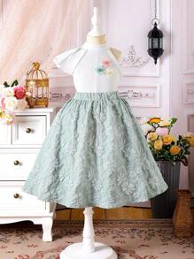 Young Girl Elegant Eid Mubarak Set: White Knitted Sleeveless Halter Top And Green Jacquard Long Skirt, Summer Special Occasion Outfit - White - View 2