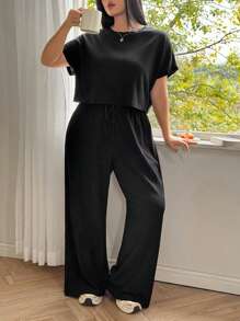 Solflare Plus Size Solid Crew Neck Short Sleeve Top And Long Pants Casual Vacation Cool Feeling 2 Pieces Set,Summer /Spring Women Outfit,Spring Break - Black - View 4