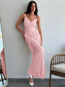 Aloruh Rochie lungă, cu bretele spaghetti, cu volante, pentru femei, ținute pentru întâlniri romantice, primăvară/vară