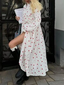 SHEIN Essnce Women's Valentine's Day Red Heart Print Full Heart Print Front Button Super Loose Long Dress,Shirt Dress,For Summer/Spring 2025 New