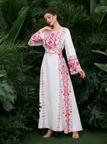 Al Najma 数字位置花卉腰带长袖阿拉伯风格女式连衣裙，阿拉伯连衣裙，端庄 - 彩色 - 查看 4