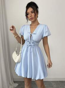 Rafferiza Elegant French Fashion V-Neck Tie-Up Balloon Sleeve Solid Color Midi Dress For Women