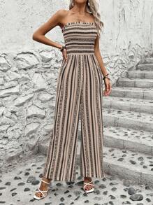 Breezaya Bộ đồ liền thân kẻ sọc rộng rãi thường ngày cho nữ, mặc hàng ngày - Màu Khaki - Xem 4