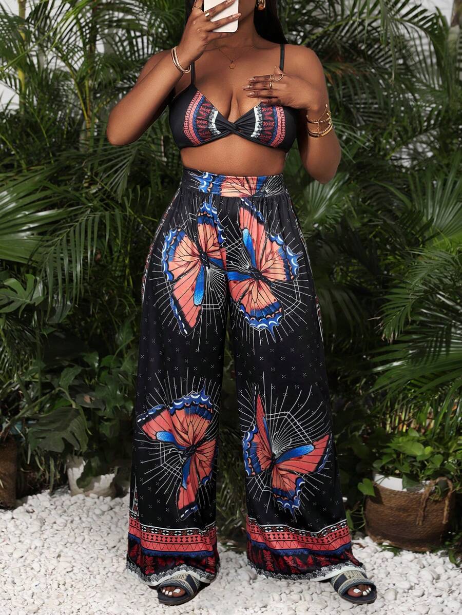Slaydiva Vacation Suspenders, Ultra-Cut Top, Wide-Legged Ultra-Long Pants, All-Over Butterfly Print Women's Two-Piece Set-C - Black - View 1