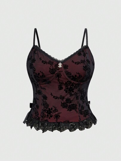 Kawaii Top corto camisola bicolor de encaje con rosas para el Día de San Valentín en tallas grandes