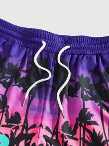 ROMWE MEN Prep Men's Jersey Vacation Casual Coconut Tree Print Drawstring Waist Shorts