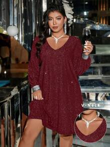 SHEIN Clasi 大码女式 V 领闪亮宽松优雅长袖连衣裙酒红色女装 - 酒紅色 - 查看 1