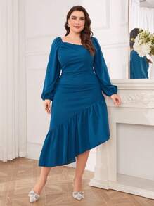 Modelyn Elegantes einfarbiges gestricktes langärmliges körperbetontes Kleid mit asymmetrischem Rüschensaum, Große Größen, Frühling/Herbst - Blau - Übersicht 1