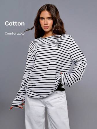 Athîral 女士条纹印花休闲百搭圆领长袖 T 恤