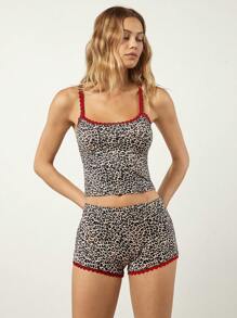 SHEIN EZwear 夏季外出豹纹蕾丝和蝴蝶结细节吊带背心和短裤套装