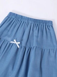 Tween Girl Skirt, Layered Cake Design With Bow Decor, Pleated A-Line Silhouette, Denim Effect Soft & Breathable Fabric - Blue - View 3