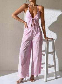 SHEIN PETITE 2pcs/Set Striped Halter Neck Camisole And Wide Leg Pocket Pants