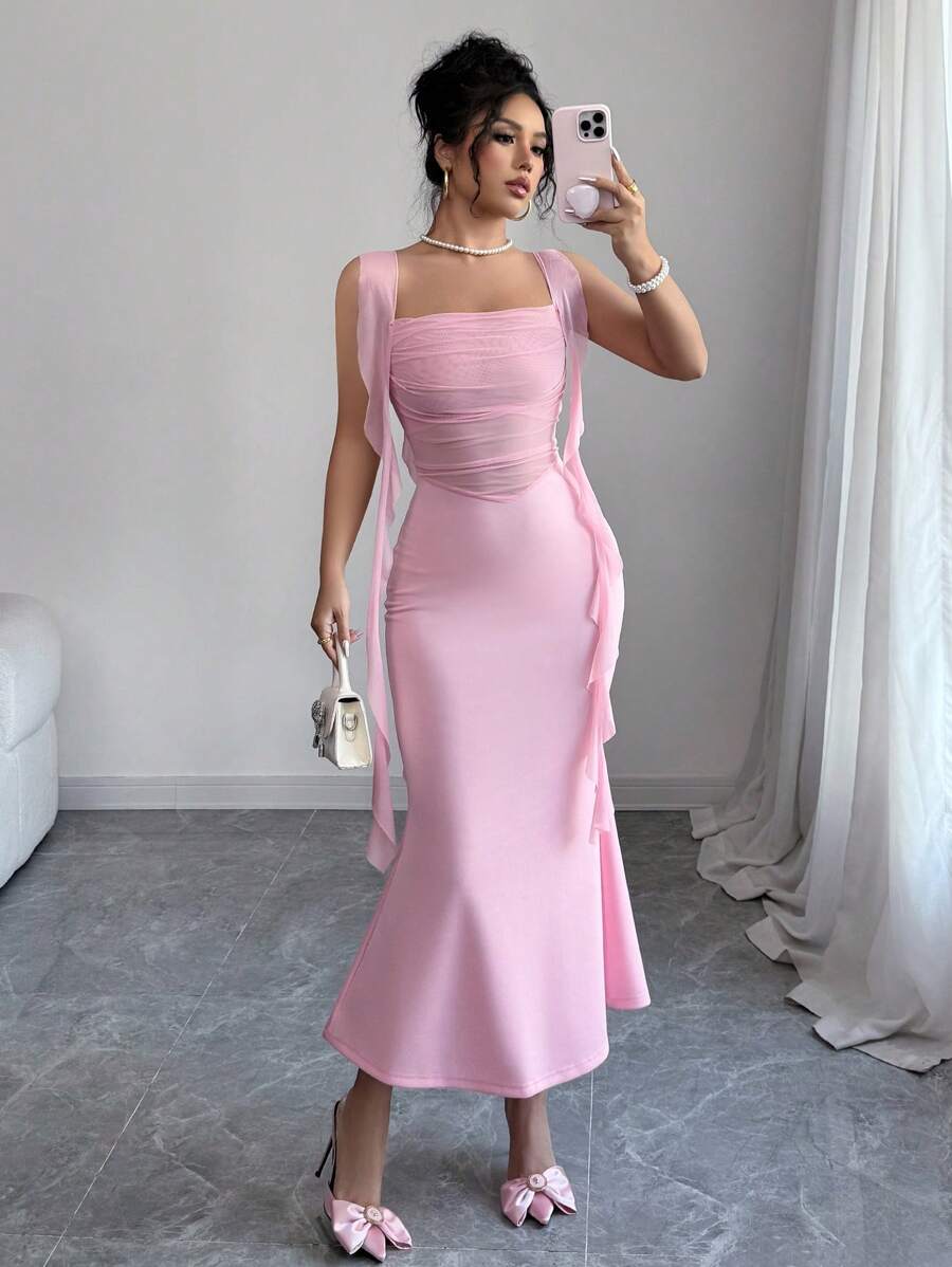 Elenzga Romantic Elegant Pink Jellyfish Ribbon Fitted Slim Fishtail Contrast Mesh Panel Dress, Spring/Summer - Pink - View 1