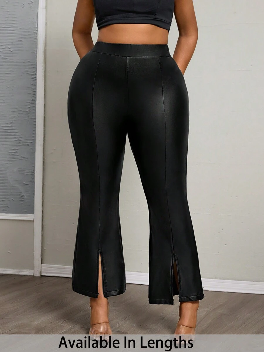 SHEIN PETITE CURVE 大码女式纯色高腰 PU 皮革开衩下摆时尚紧身裤 - 黑色 - 查看 1