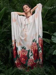 Al Najma 女士宽松数码花卉印花前系带长裙 - 白色 - 查看 2