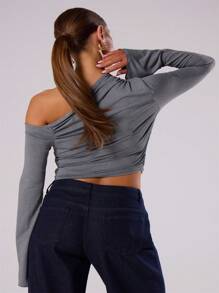 MUSERA Asymmetric Ruched Long Sleeve Crop Top Casual Summer Spring Summer Festival Boho Holiday - Grey - View 2