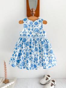Cozy Pixies 女婴碎花蝴蝶结装饰圆领无袖高腰连衣裙 - 藍色 - 查看 2