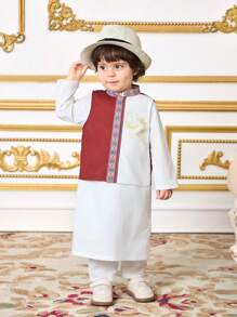 SHEIN 2 件套男婴套装：传统图案立领白色长袍和圆领红色背心，适合春夏季 - 白色 - 查看 5