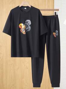 SHEIN 2 Pcs Teen Boys Casual Simple Cool Cyberpunk Style Mechanical Bear Print Tshirt And Shorts 2 Pieces Outfit, Spring Wear; Teen Boys' Clothing; Teen Boy' Jackets, Spring Back To School