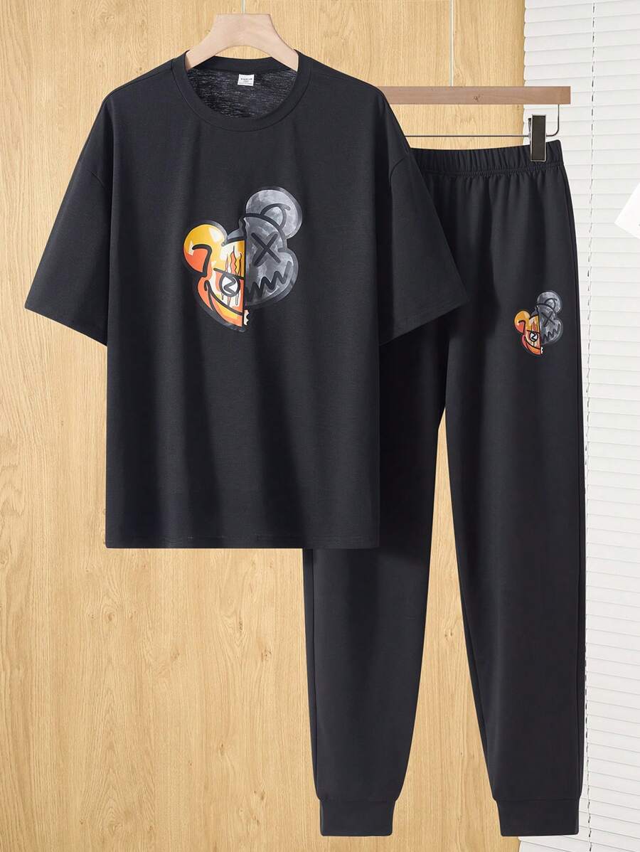 SHEIN 2 Pcs Teen Boys Casual Simple Cool Cyberpunk Style Mechanical Bear Print Tshirt And Shorts 2 Pieces Outfit, Spring Wear; Teen Boys' Clothing; Teen Boy' Jackets, Spring Back To School