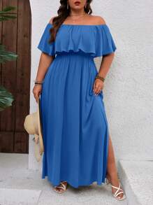 SHEIN VCAY Vestido de vacaciones con hombros descubiertos y volantes para tallas grandes - Azul - Ver 1