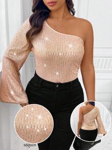 SHEIN Clasi Blusa casual con lentejuelas brillantes para mujer de talla grande, de uso diario sencillo y de moda