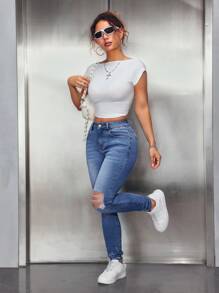 SHEIN ICON Jeans casuales y versátiles de mujer con bolsillos y rotos - Azul lavado medio - Ver 4