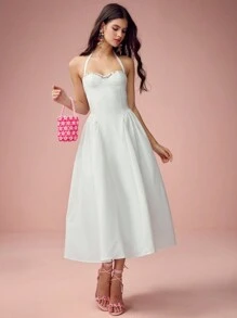 Enchnt Váy dài công chúa hở lưng không tay thêu hoa hồng nhỏ màu trắng lãng mạn cho nữ mùa xuân và mùa hè, ngọt ngào và thanh lịch, thích hợp cho tiệc sinh nhật, tiệc ngày lễ, đêm hẹn hò ngọt ngào, đi làm hàng ngày, mùa nghỉ mát và tốt nghiệp, quần áo mùa hè cho nữ, váy thanh lịch - trắng - Xem 5