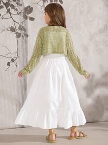 SHEIN 2pcs/Set Tween Girls Floral Collar Trim Cropped Long Sleeve Top And Sleeveless Dress - Multicolor - View 2