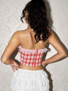 Easelle 女士蕾丝拼布抹胸，简约修身休闲度假上衣 - 粉色 - 查看 2