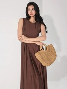 Heiryn 女士纯色圆领无袖休闲连衣裙 - 鏽棕色 - 查看 6