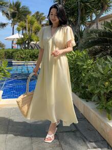 DAZY 女士宽松V领短袖长款连衣裙夏季吊带裙，休闲女式连衣裙长款连衣裙 - 米色 - 查看 2
