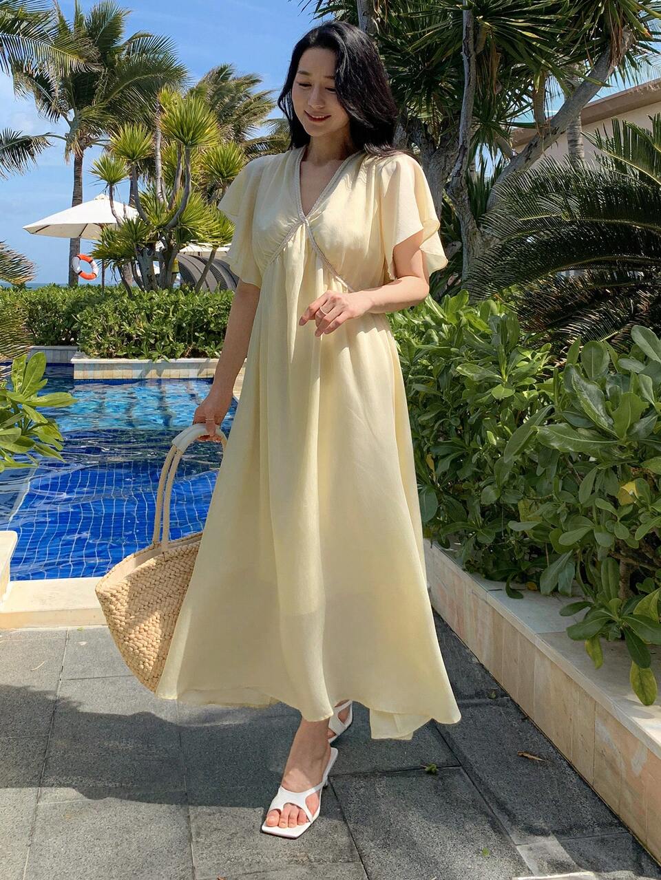 Women's Loose V-Neck Cap Sleeve Long Dress Summer Sundress,Casual Women Dresses Maxi Dress