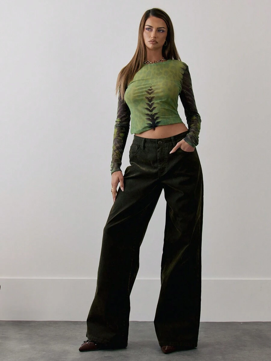 MUSERA Mid Rise Textured Wide Leg Jeans With Belt Loops Spring 90's Y2k Chic Summer - Army Green - View 1