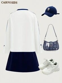 SHEIN Explorewe Set de 2 piezas para adolescentes compuesto por una camiseta de manga larga tipo raglán con estampado de rayas y letras en estilo deportivo americano casual, y una falda mini con cordón ajustable con estampado de rayas, adecuado para primavera/verano - Multicolor - Ver 2