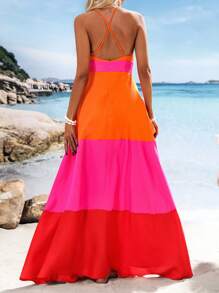 Vivid Eden 编织色块 V 领女式长裙春夏装、夏装、情人节、女士度假装、女士沙滩装、节日、浪漫优雅服装、波西米亚风、波西米亚风、甜美、狂欢节装扮、热带度假女装、狂欢节、女士夏装 - 橘色 - 查看 2