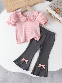 SHEIN Vintaside Kids Conjunto de 2 piezas para niñas bebé, top de manga larga acanalado con volante en el cuello en color camello y pantalones casuales cómodos con lazo y con campana - Gris - Ver 9