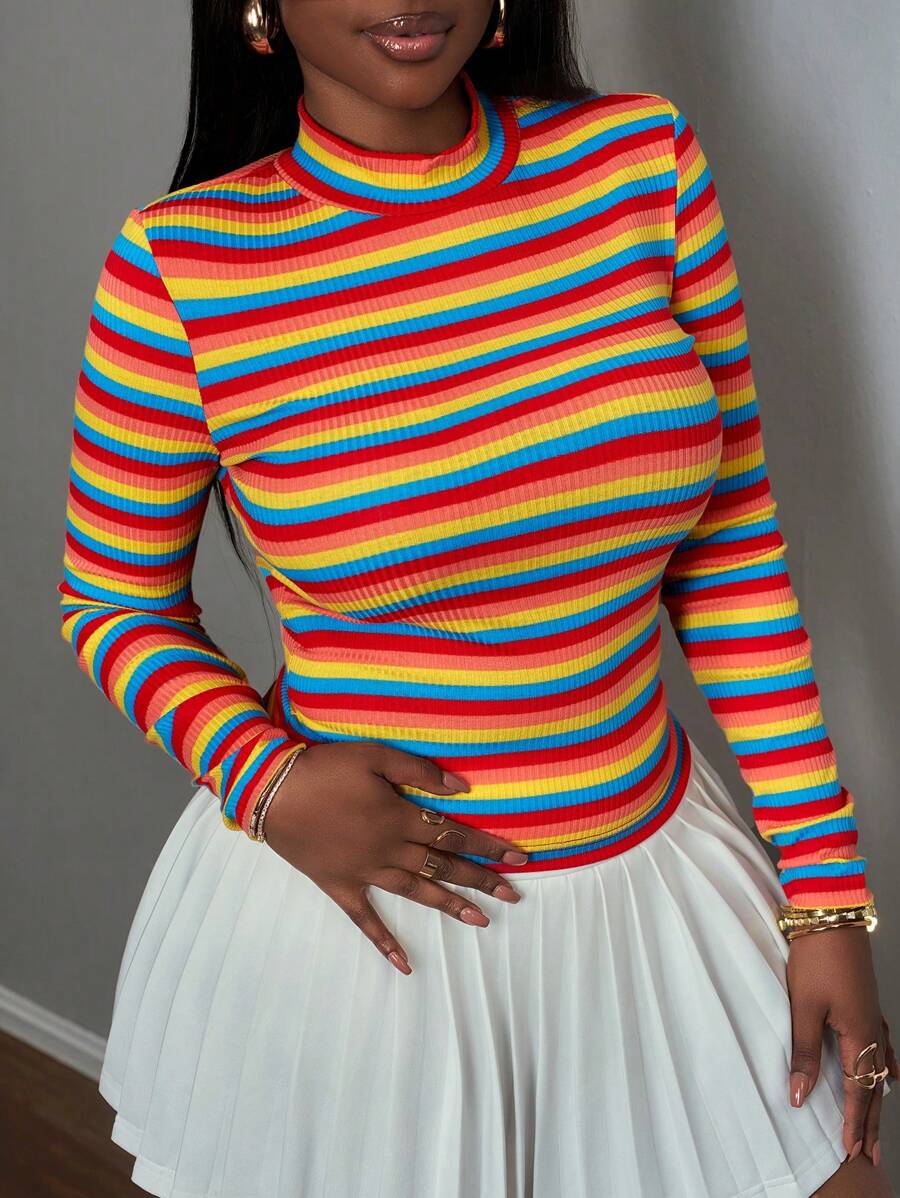 Slaydiva Casual Ribbed Navy Pink Turtleneck Long Sleeve Ribbed Bodycon Women Tee - Orange - View 1