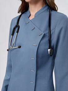 Scrubzie 2pcs Wrinkle-Resistant Collared Long Sleeve Women's /Healthcare Scrub Uniform Top And Pants Set - Blue - View 4