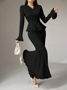 Heiryn 日常优雅女士长袖衬衫和美人鱼风格裙子套装 - 黑色 - 查看 6
