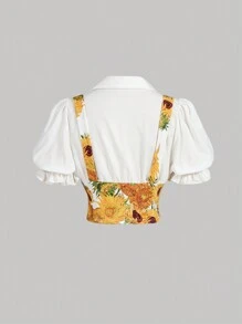 SHEIN MOD Retro Sunflower Print Collared Puff Sleeve Waist Tie Shirt,Van Gogh "Sunflower" Print Women's Shirt, Art Series,Shirt For Women Elegant