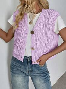 Calvaya 新款V领罗纹针织开衫背心，时尚优雅端庄的女士服装 - 淡紫色 - 查看 4