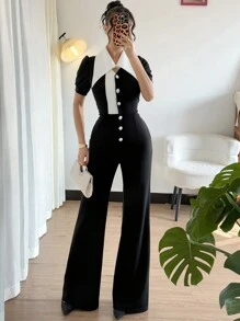 Gloray Women's Elegant Black & White Patchwork Exaggerated Collar Pearl Button Short Sleeve Jumpsuit